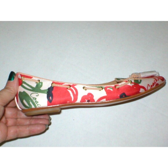 New Womens Authentic Coach Flats Satin Leather 5.5 6 Red Ivory Tassels Shoes Log - Picture 1 of 12